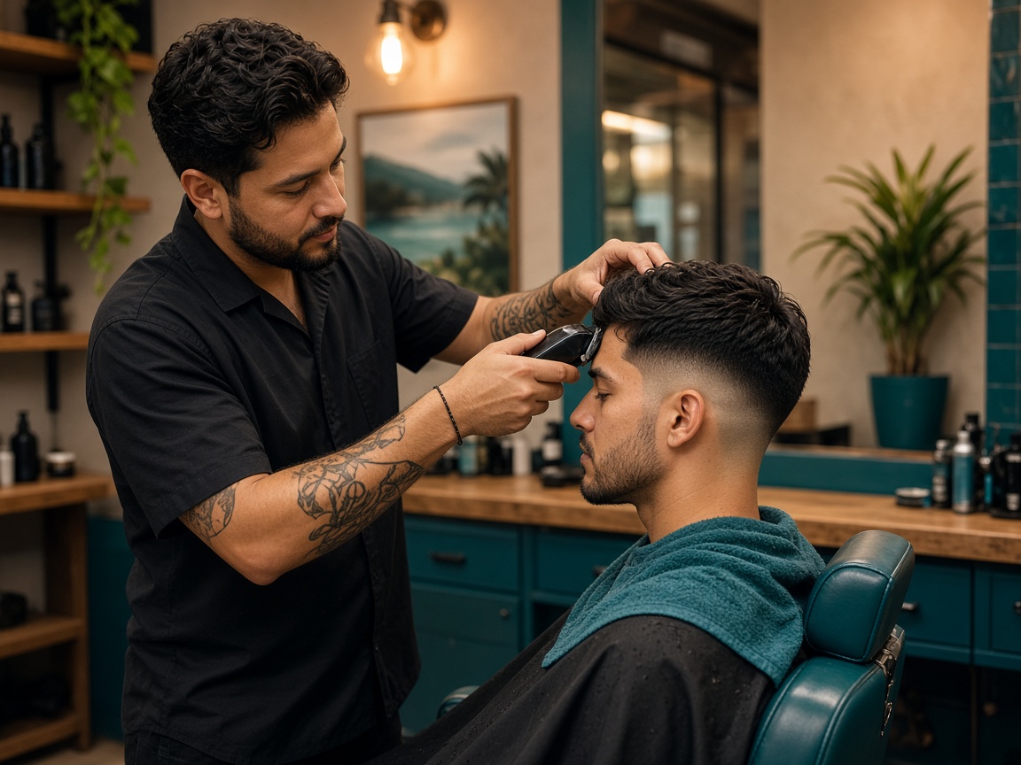 Barbería atendiendo un corte